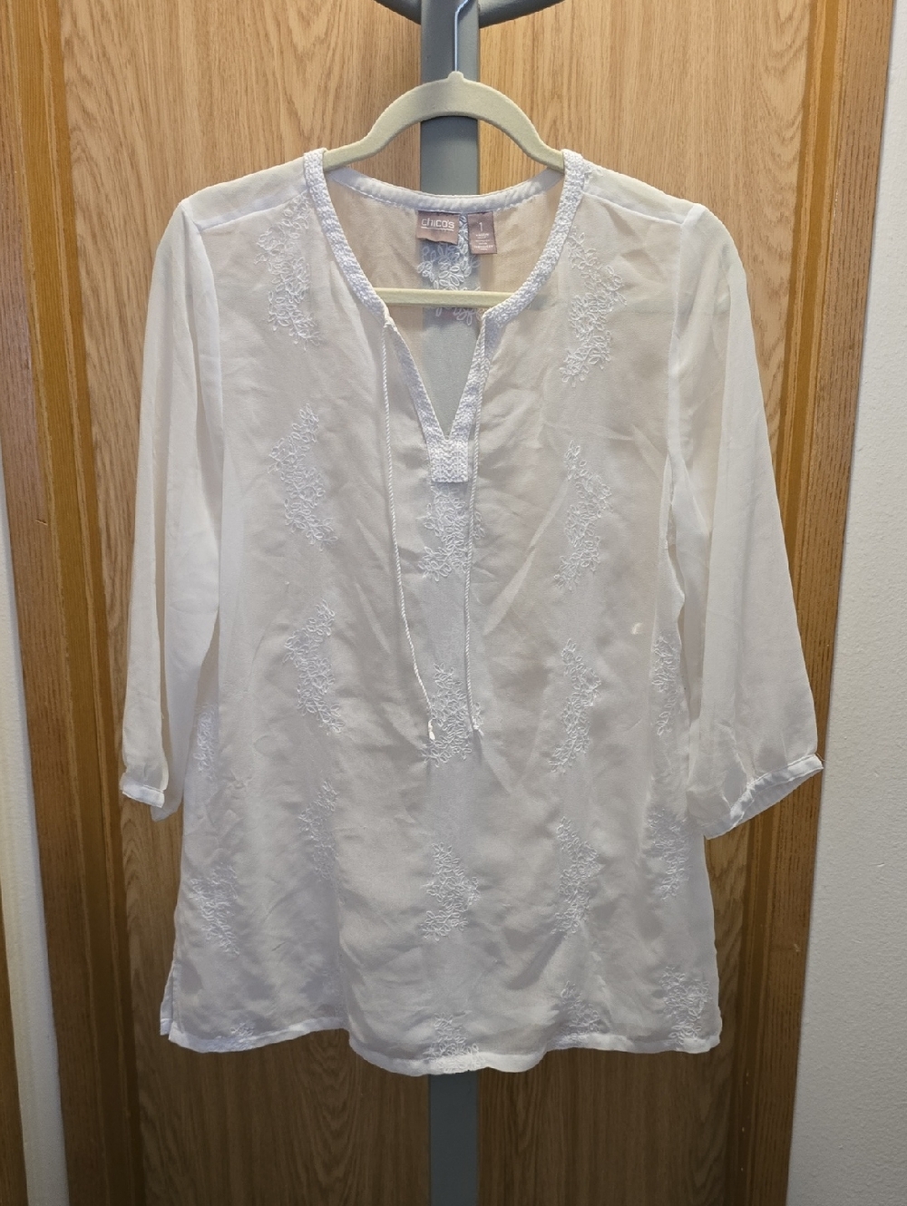 Chico's White Embroidered V-Neck Tunic